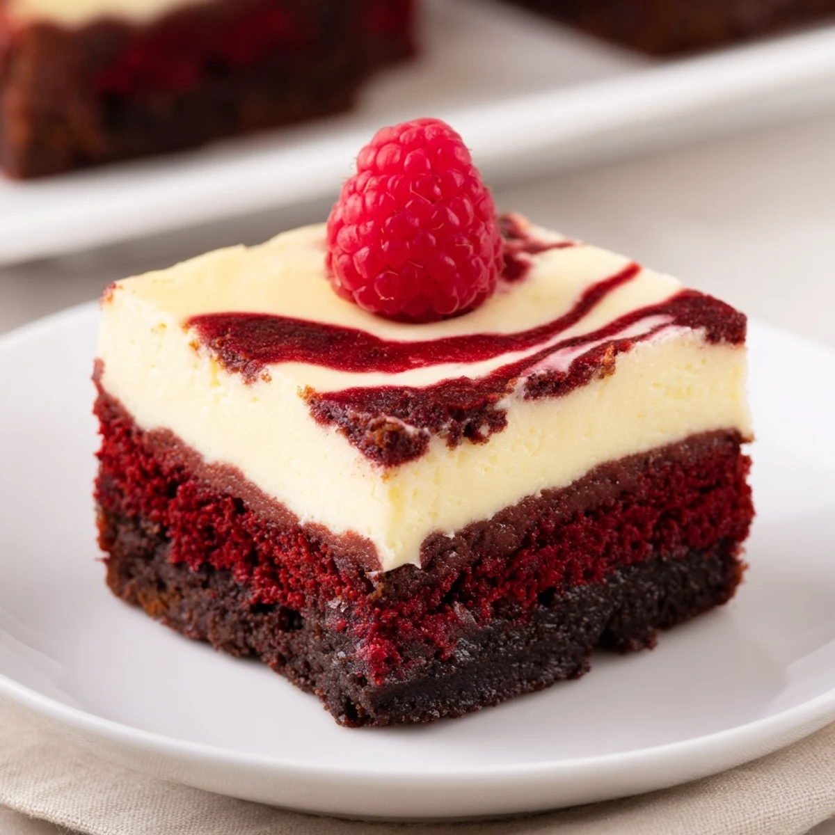 Red Velvet Brownies With Cheesecake Layer served chilled alongside fresh berries