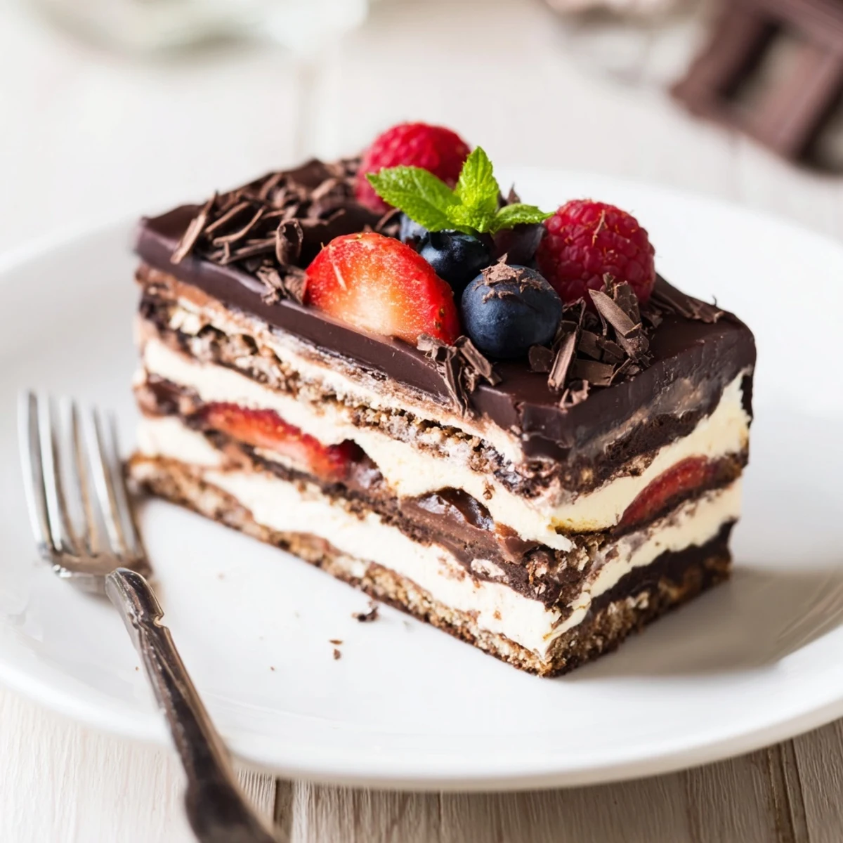 A slice of The Ultimate Dessert Recipe shows glossy ganache and fresh berries
