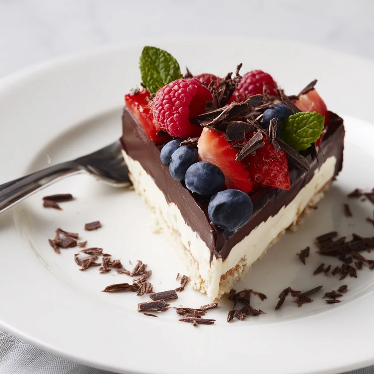 The Ultimate Dessert Recipe chilled on a plate, buttery base, velvety vanilla cream