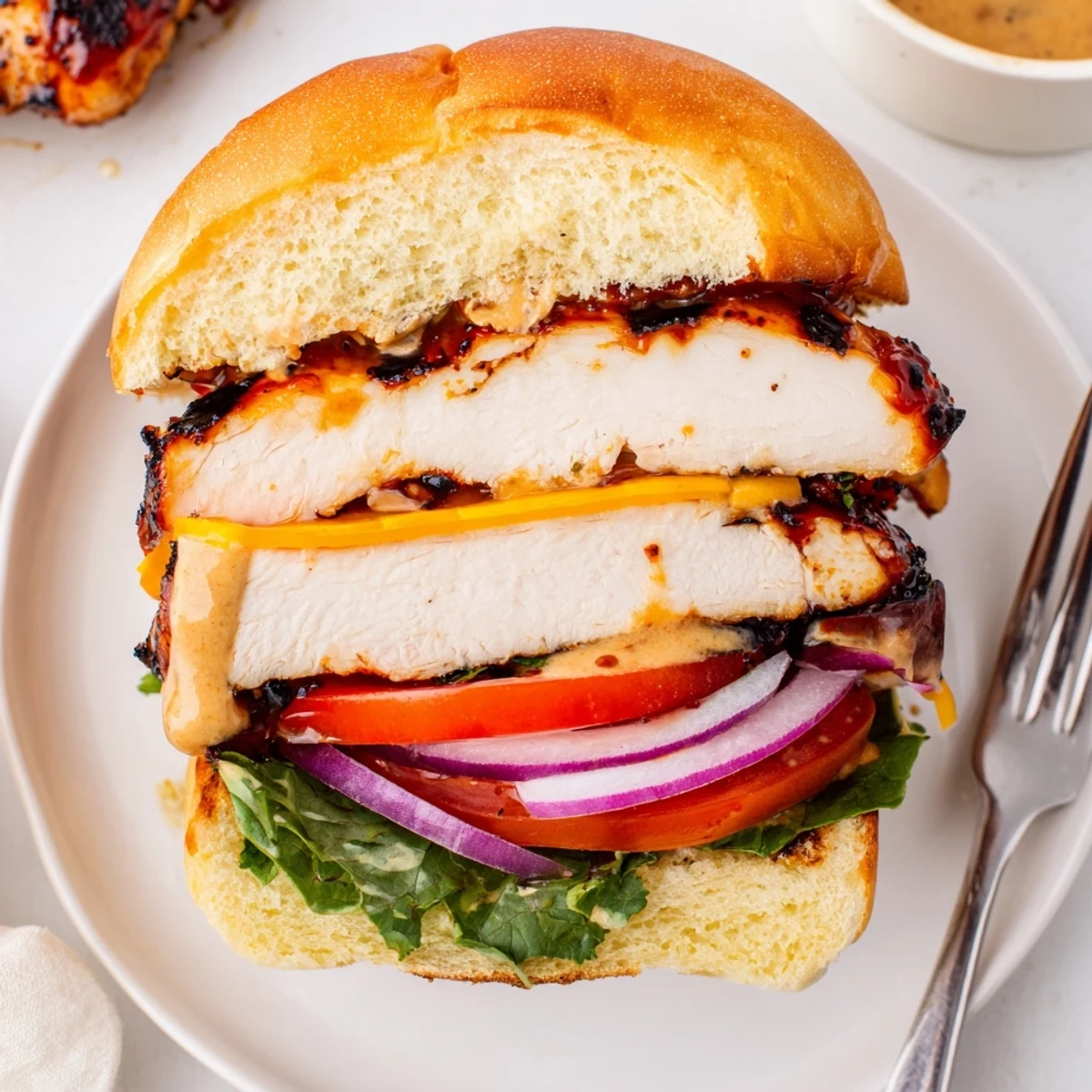 Grilled Spicy Chicken Sandwich With Creamy Sauce on toasted bun, juicy and spicy.