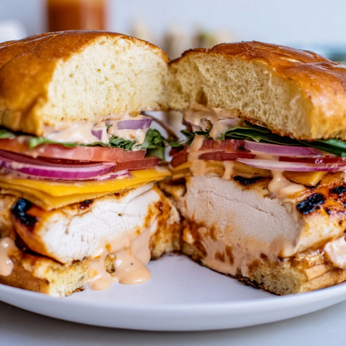 Close-up of Spicy Chicken Sandwich With Creamy Sauce layered with romaine and tomato.