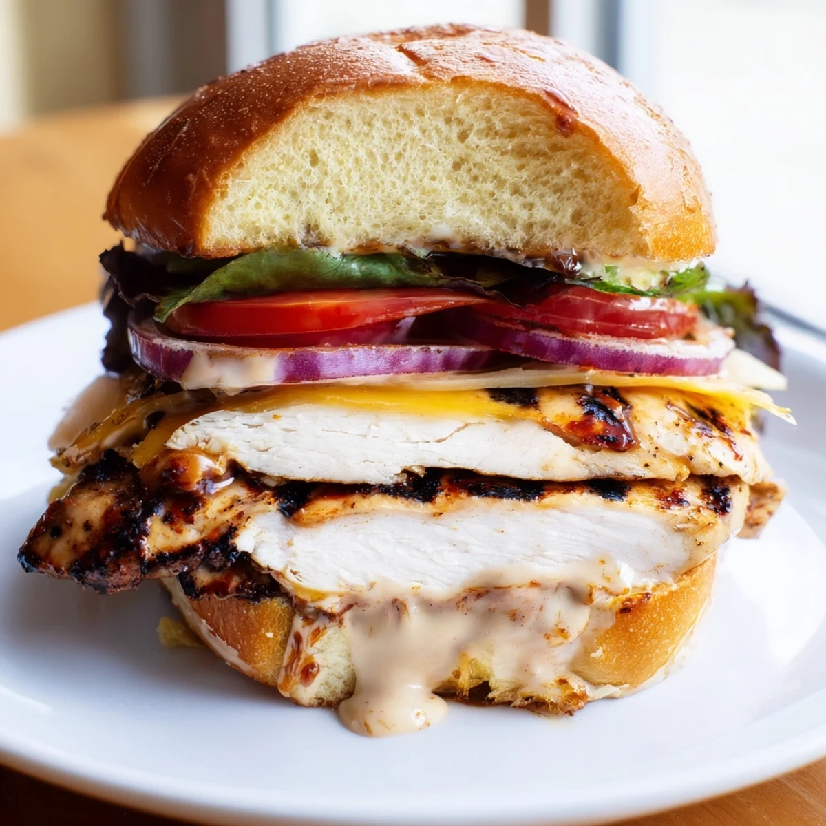 Plate-ready Spicy Chicken Sandwich With Creamy Sauce served alongside sweet potato fries.