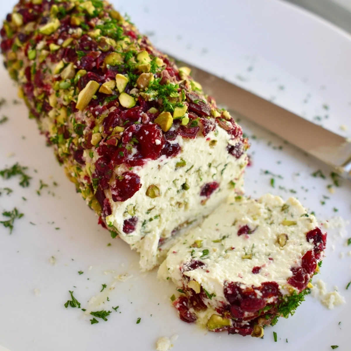 Cranberry Pistachio Cheese Log rolled in crushed pistachios, served with crackers