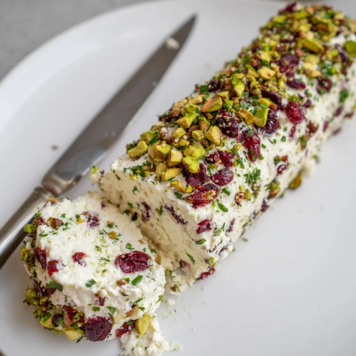 Serve Cranberry Pistachio Cheese Log at parties with baguette slices and chives