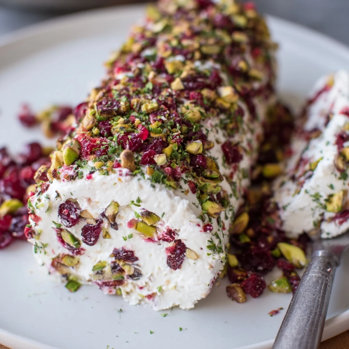 Creamy Cranberry Pistachio Cheese Log chilled, studded with tart cranberries and crunchy pistachios