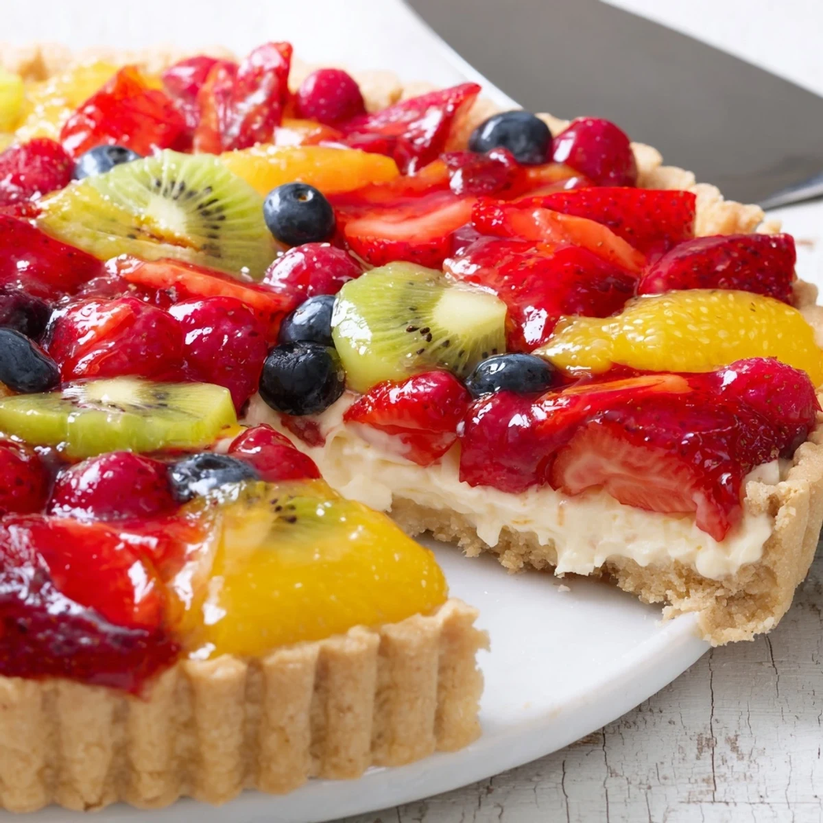 Fruit Tart With Mascarpone glistening with apricot glaze, crisp crust and vibrant fruit
