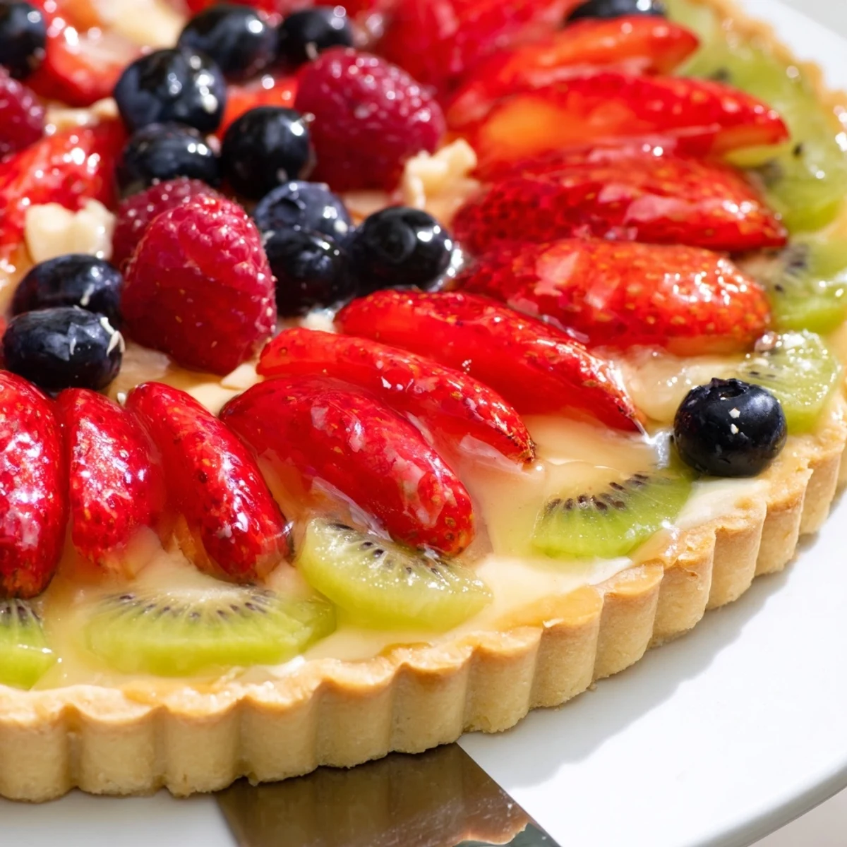 Sliced summer berries arranged on a chilled Fruit Tart With Mascarpone