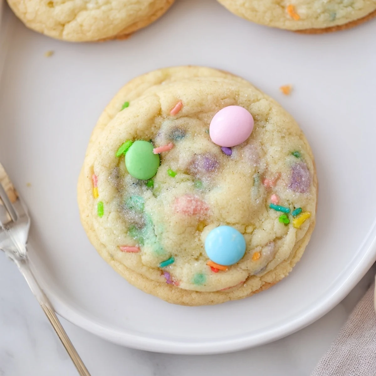 Warm Easter Funfetti Cookies cooling on a rack, candy centers glistening