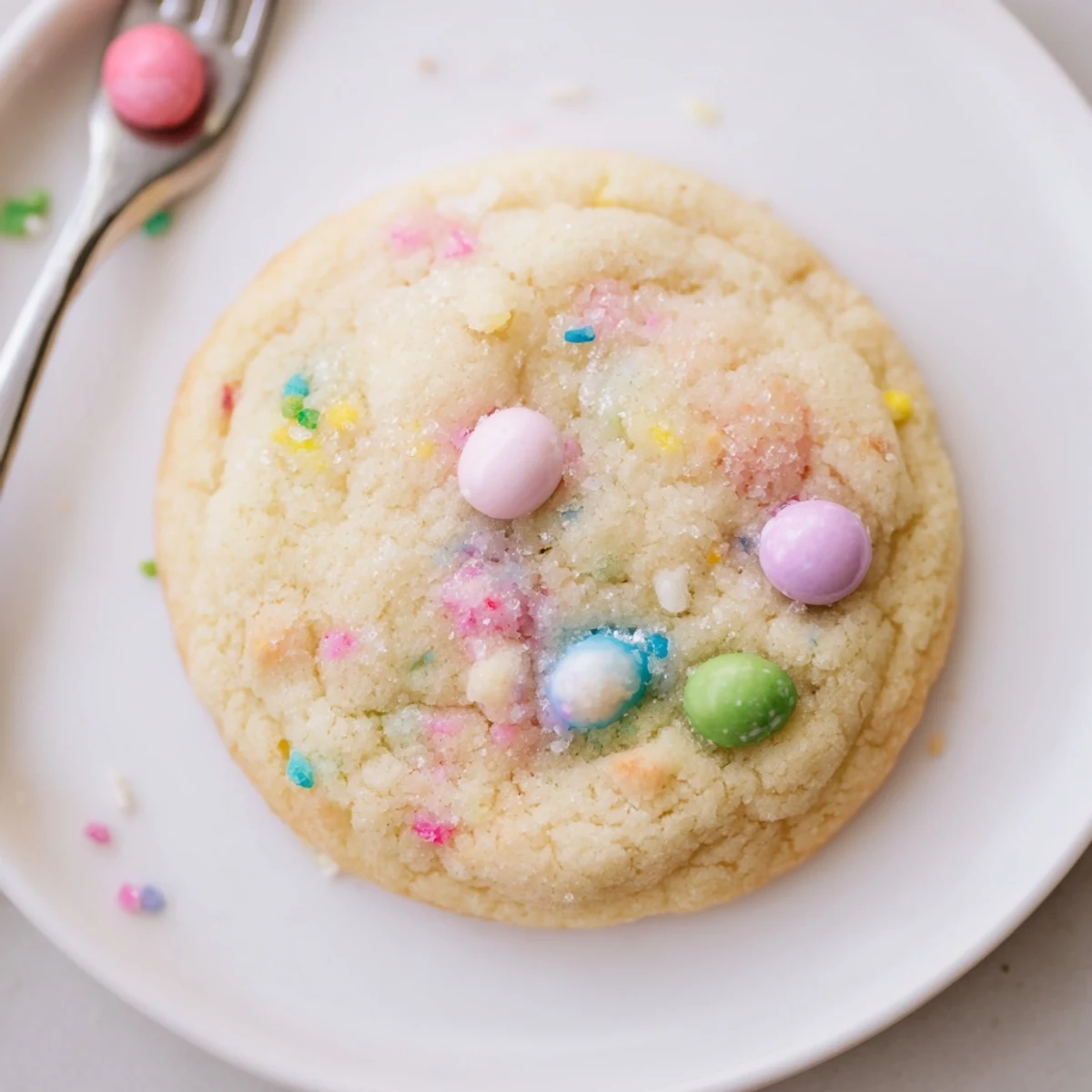 Easter Funfetti Cookies piled on a plate, soft crumbs and pastel sprinkles
