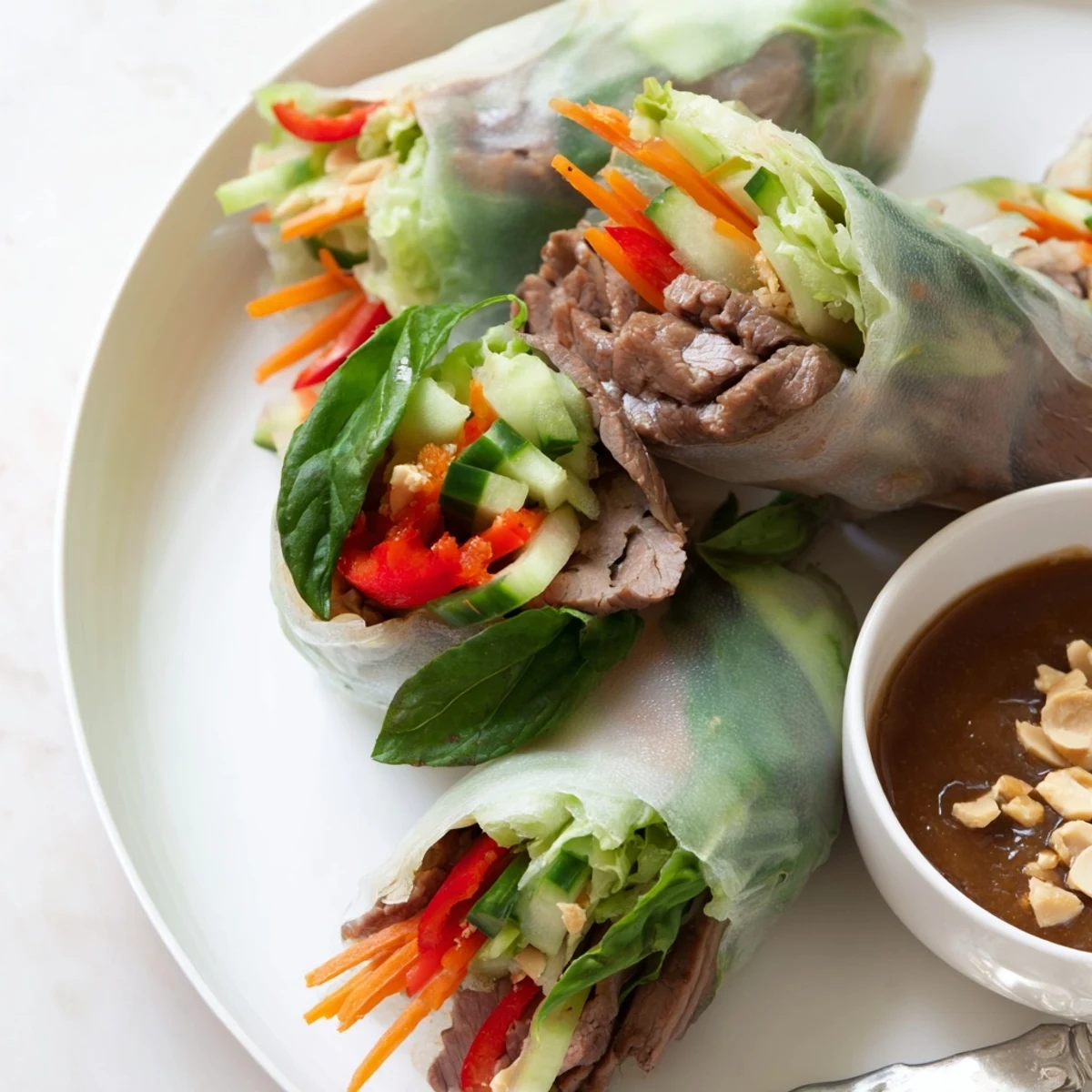 Thai Basil Beef Rolls arranged on plate, glossy dipping sauce and peanuts