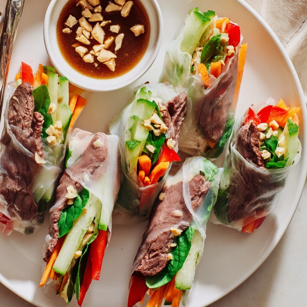 Warm Thai Basil Beef Rolls sliced in half, fragrant basil, crisp vegetables