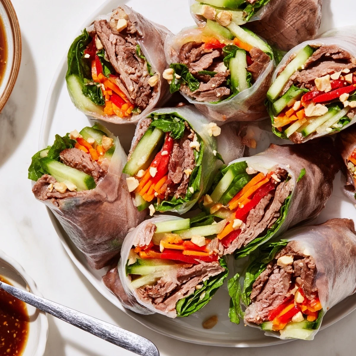 Hand-rolled Thai Basil Beef Rolls resting beside zesty peanut-hoisin dipping sauce