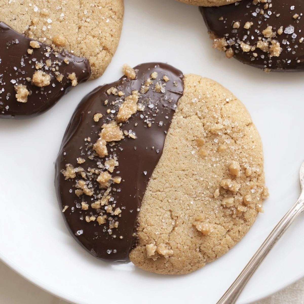 Chocolate Dipped Toffee Cookies glistening with dark chocolate, buttery toffee crunch visible