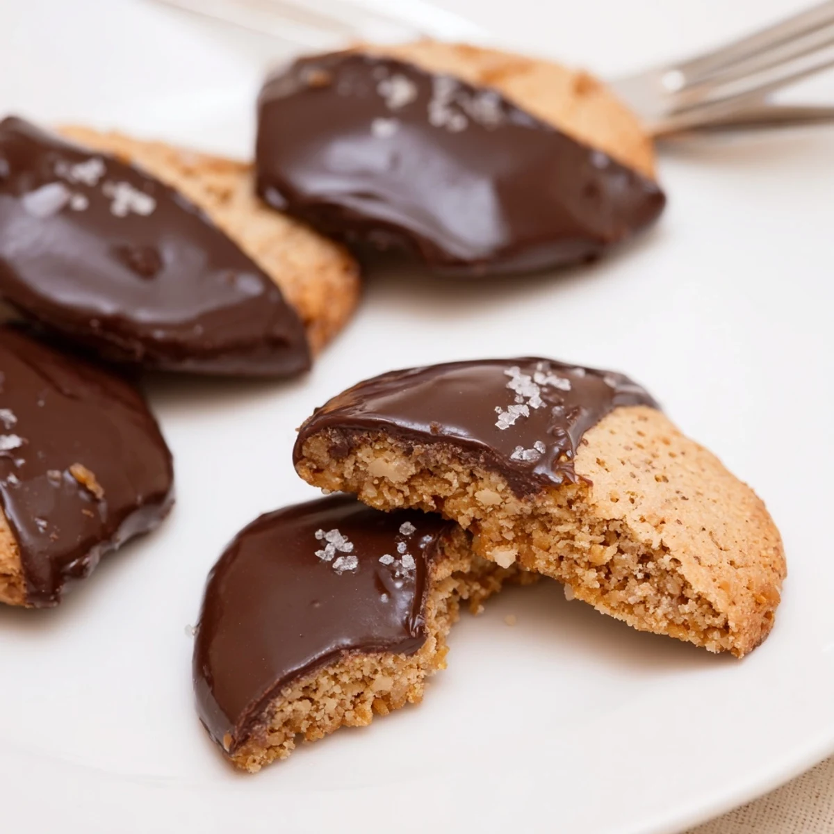 Warm Chocolate Dipped Toffee Cookies on a cooling rack, aroma of caramel