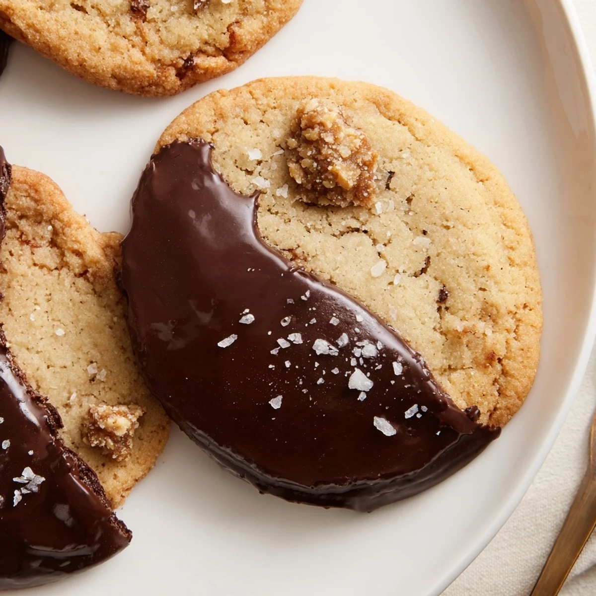 Plate of Chocolate Dipped Toffee Cookies sprinkled with sea salt, served with coffee
