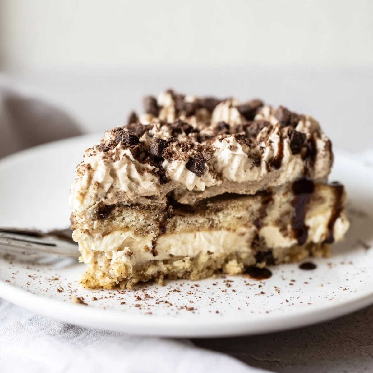 Close-up of Decadent Creamy Coffee Infused Tiramisu Cheesecake dusted with cocoa