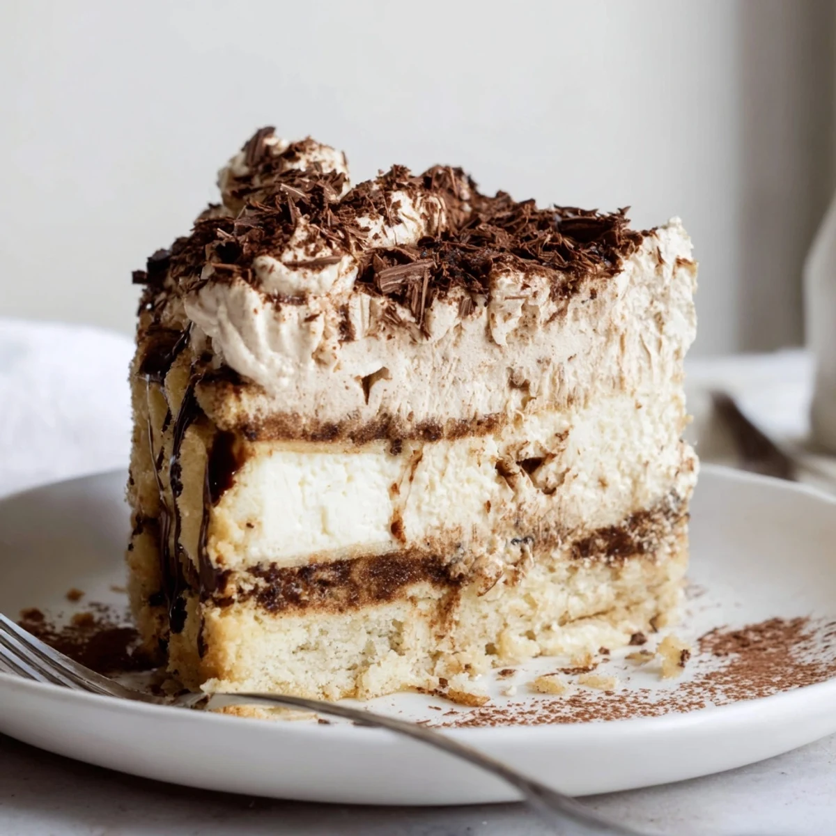 Sliced Decadent Creamy Coffee Infused Tiramisu Cheesecake chilled, silky layers and espresso aroma