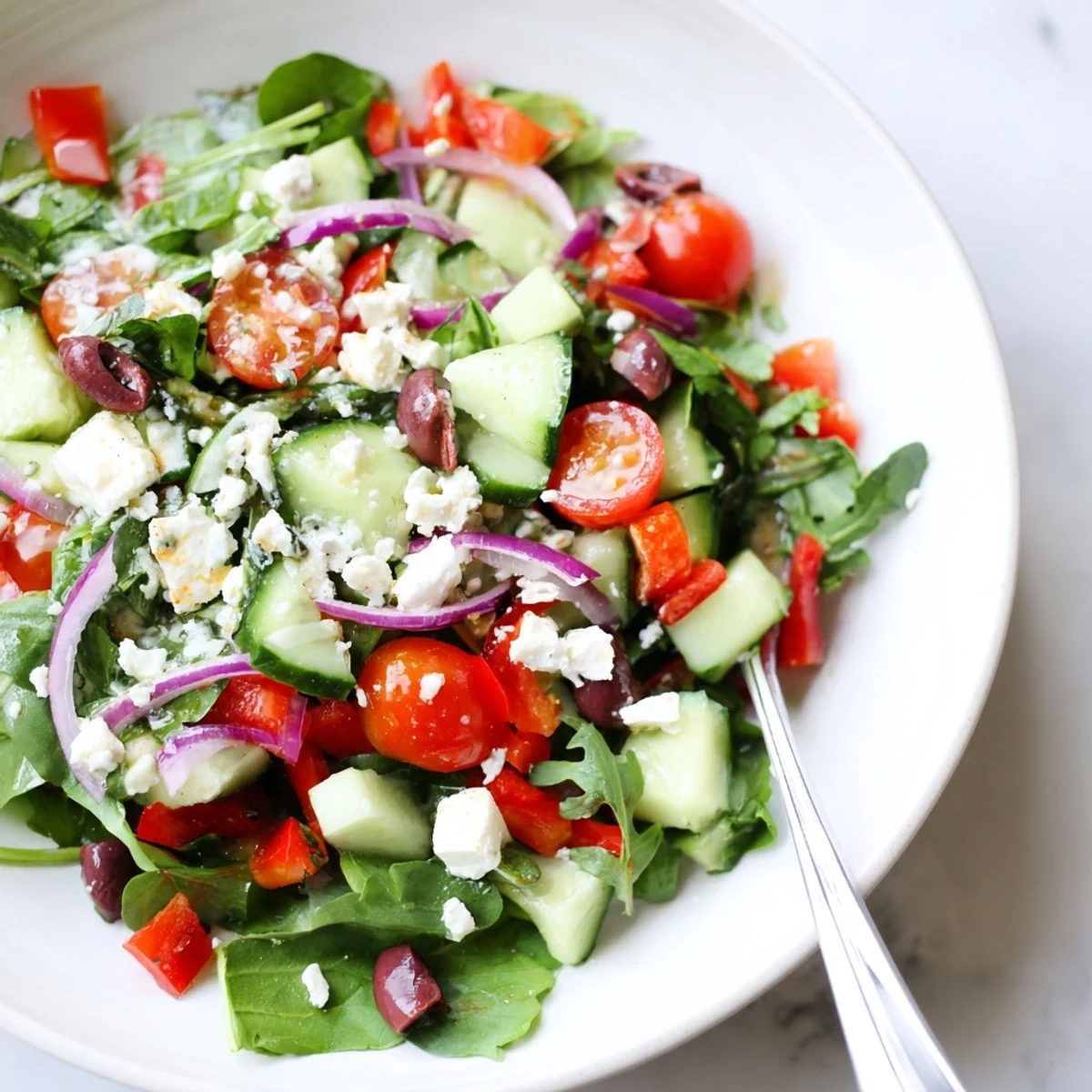 Fresh Salad Recipe with crunchy cucumber, sweet cherry tomatoes, bright lemon dressing.