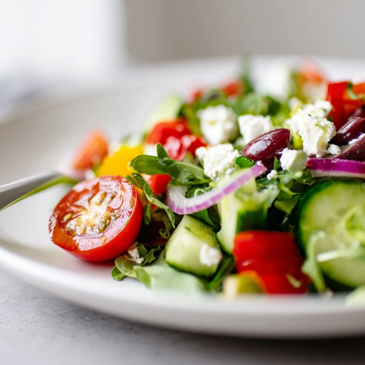 Colorful Fresh Salad Recipe featuring arugula, feta crumbles, tangy Dijon honey vinaigrette.
