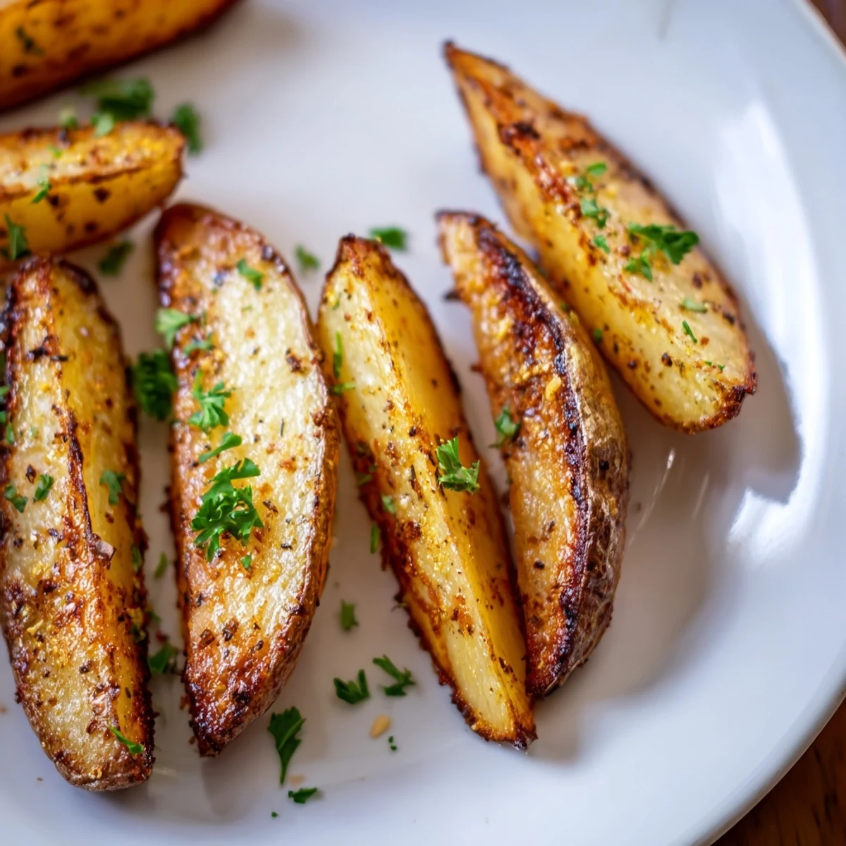 Seasoned Potato Wedges piled on parchment, sprinkled with parsley, served hot