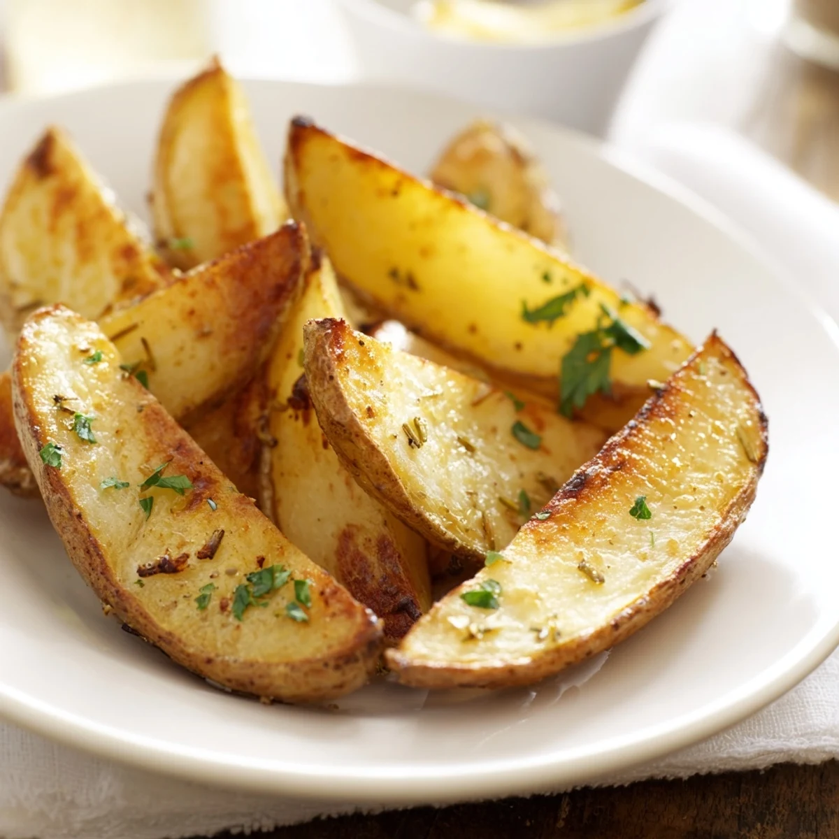 Golden Potato Wedges, crisp skin, tender inside, perfect with ketchup dip