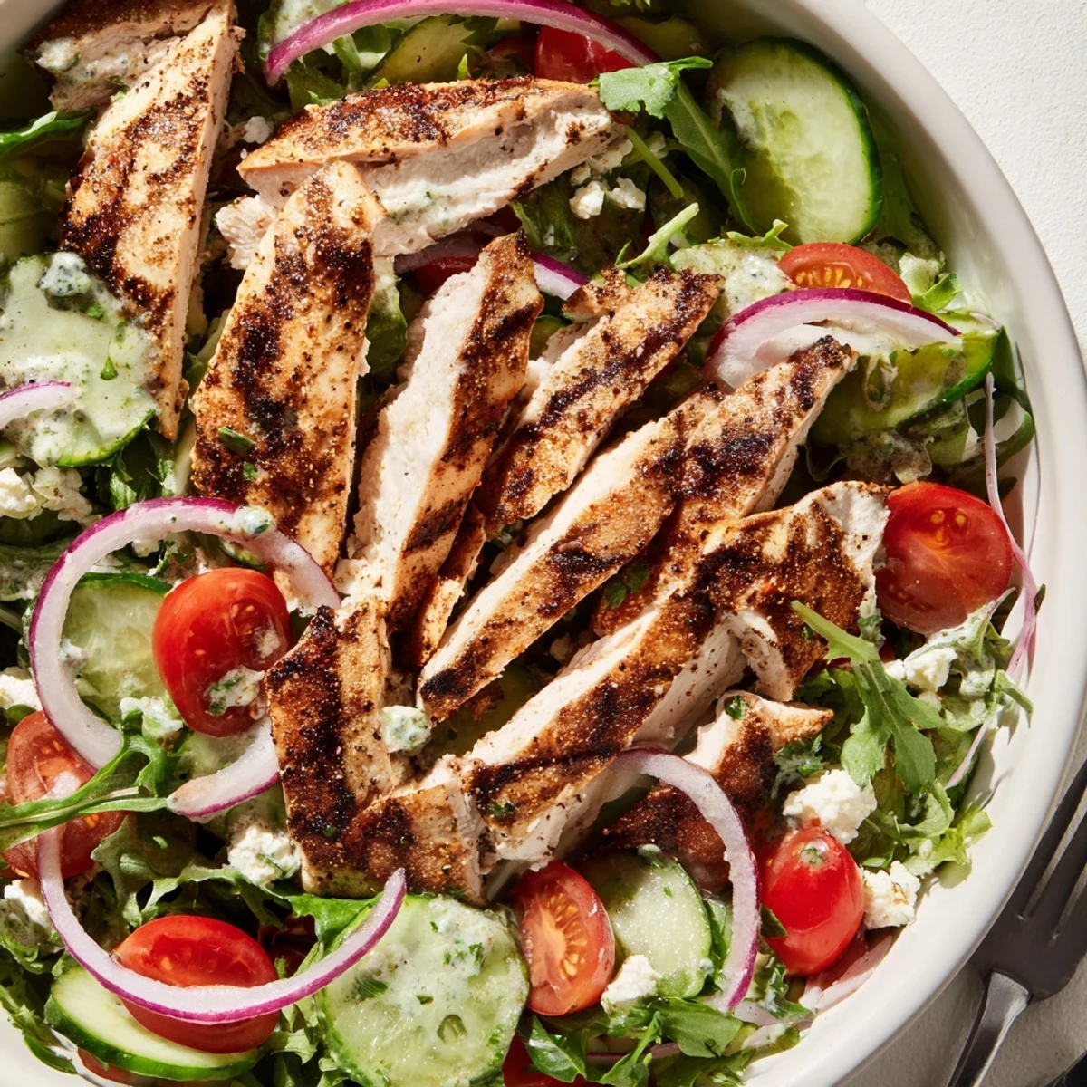 Smoky grill aroma in Grilled Chicken Salad Avocado Herb Dressing Recipe, tossed with greens