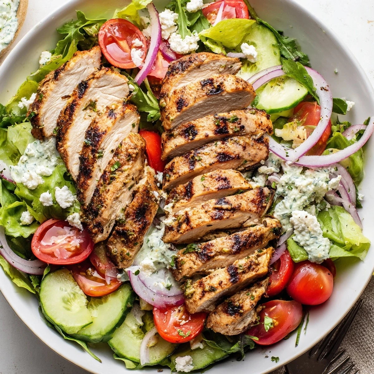 Bright Grilled Chicken Salad Avocado Herb Dressing Recipe served over mixed greens, lime