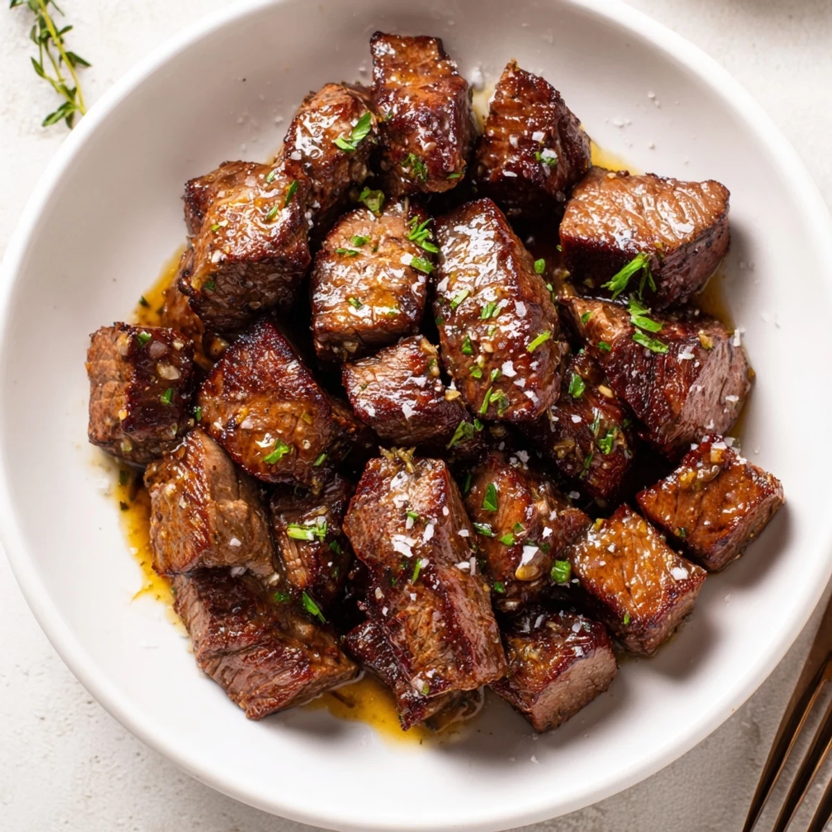 Cast iron Garlic Butter Steak Bites piled over mashed potatoes, parsley garnish