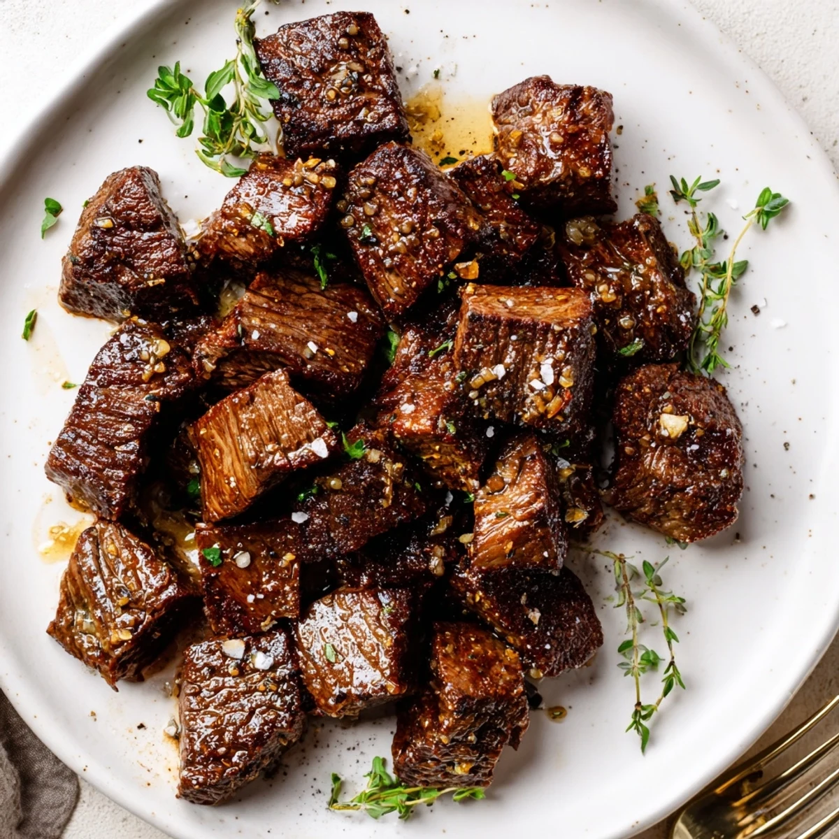 Garlic Butter Steak Bites glistening with buttery herbs, seared crust and steam