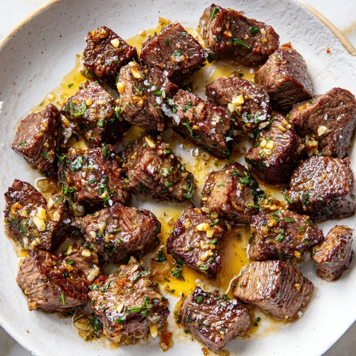 Quick Garlic Butter Steak Bites sizzling in skillet, garlicky aroma, flaky salt