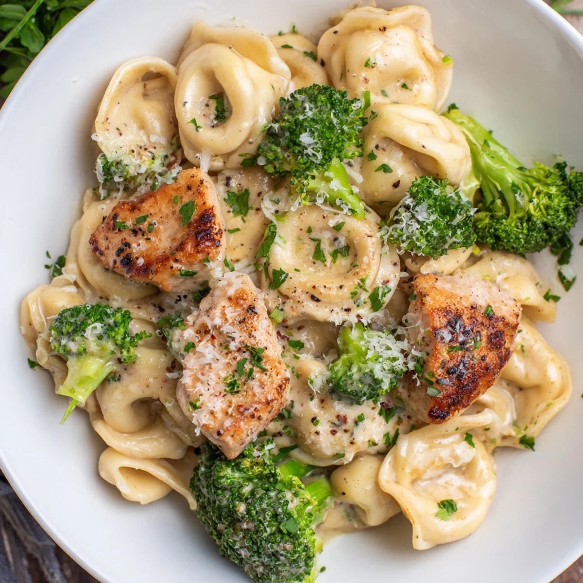 Spoon ready Creamy Garlic Parmesan Tortellini Chicken Broccoli Recipe showcasing cheesy sauce and broccoli florets