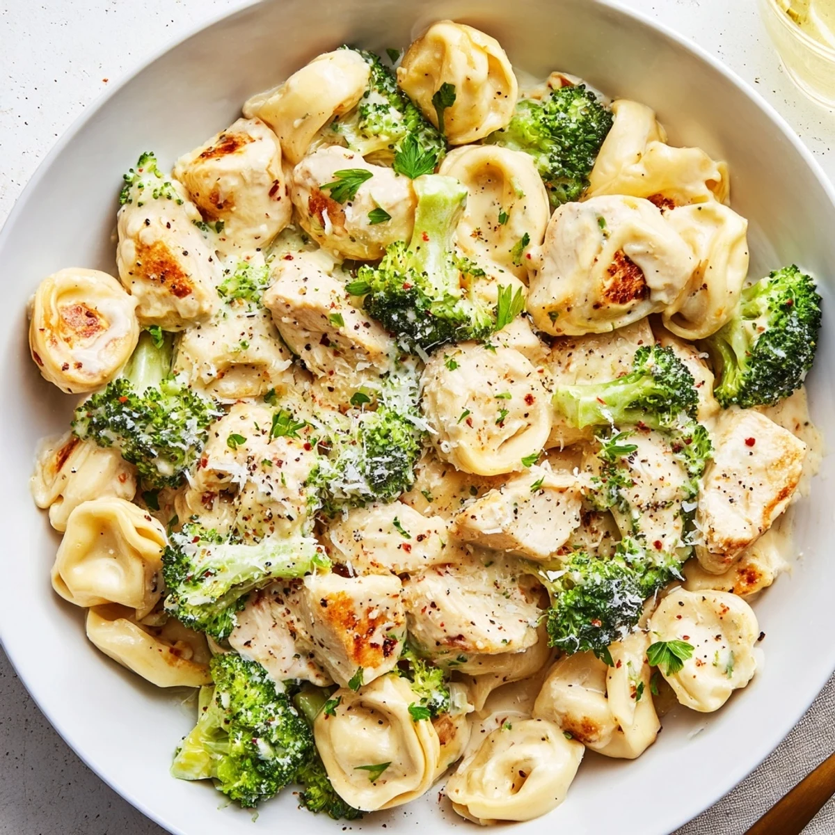 Warm Creamy Garlic Parmesan Tortellini Chicken Broccoli Recipe tossed with bright parsley and rising steam