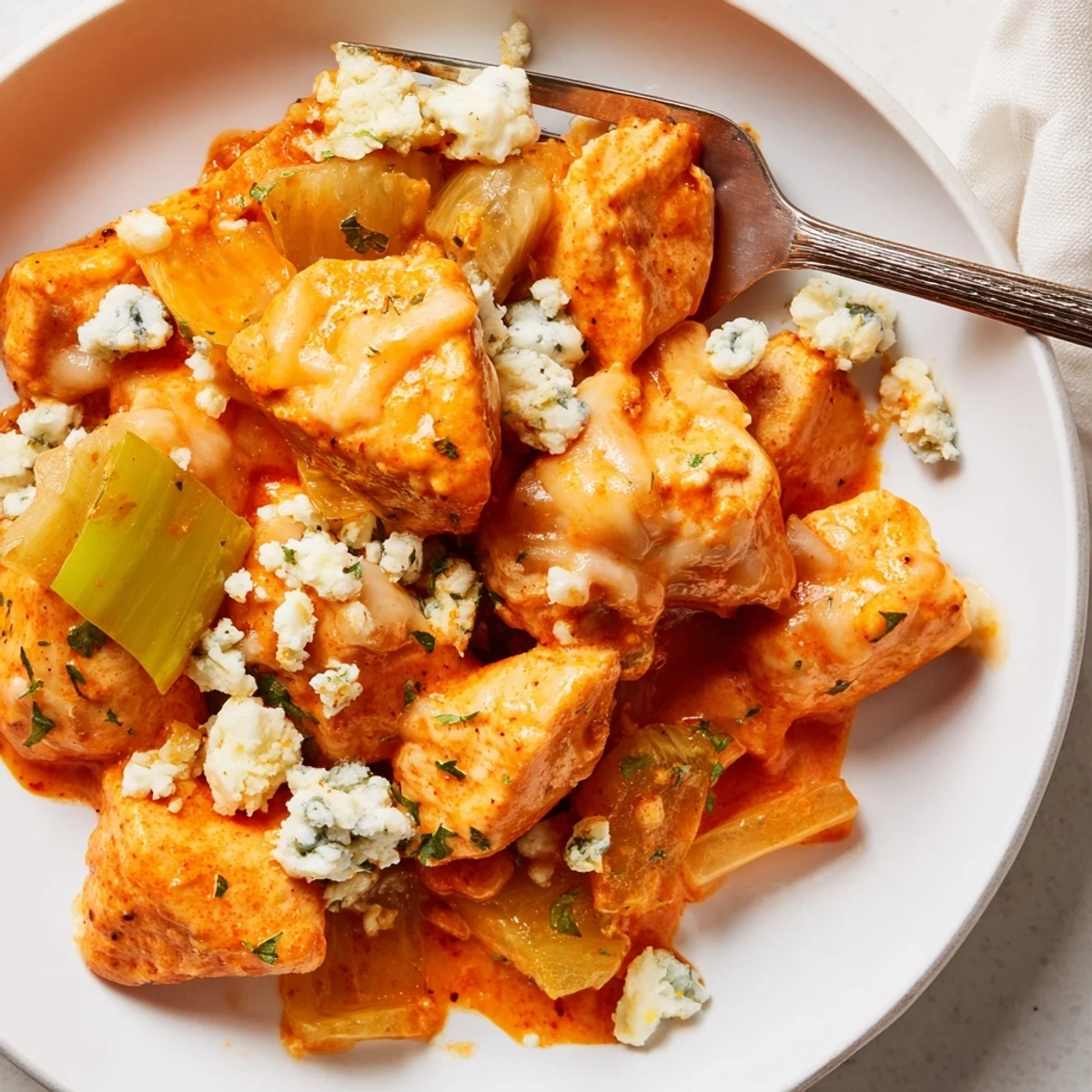 Keto Buffalo Chicken Skillet served over cauliflower rice, tangy spice and creamy texture