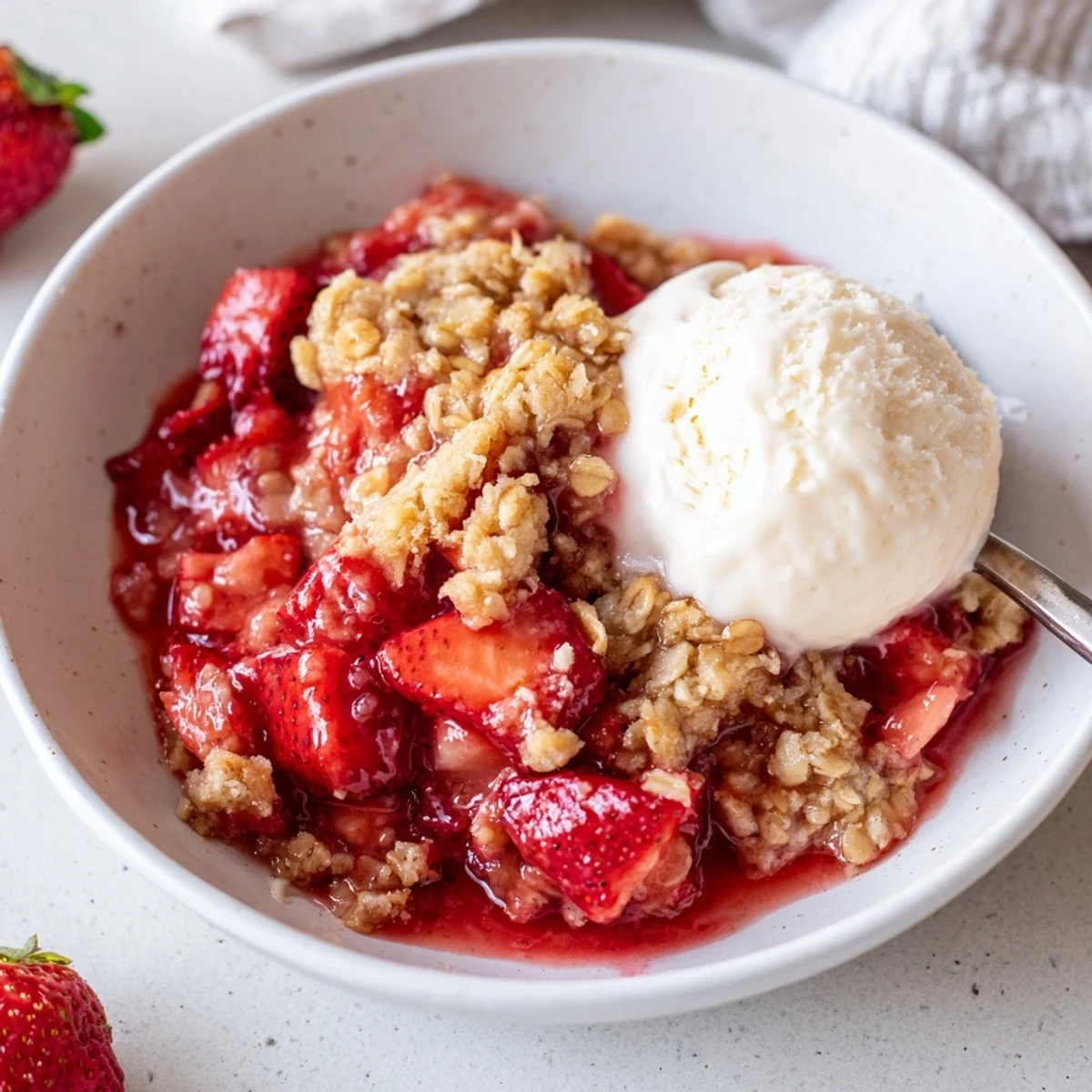 Warm Fresh Strawberry Crisp Recipe served with melting vanilla ice cream