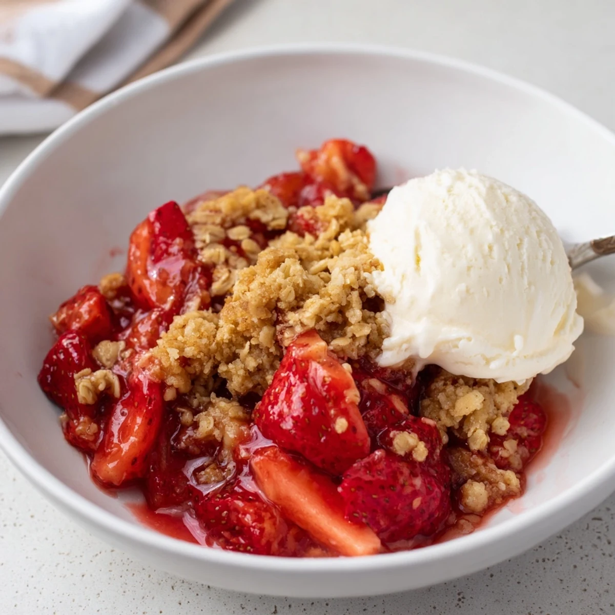 Fresh Strawberry Crisp Recipe: golden oat topping bubbling over juicy strawberries