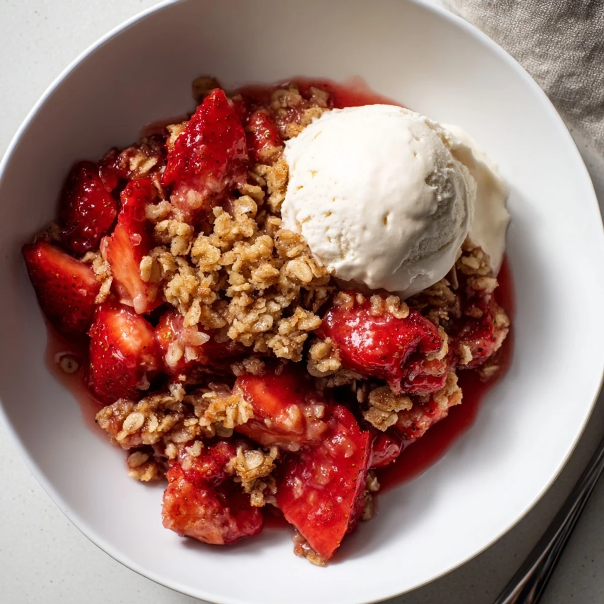 Homestyle Fresh Strawberry Crisp Recipe cooling in baking dish, aromatic cinnamon notes