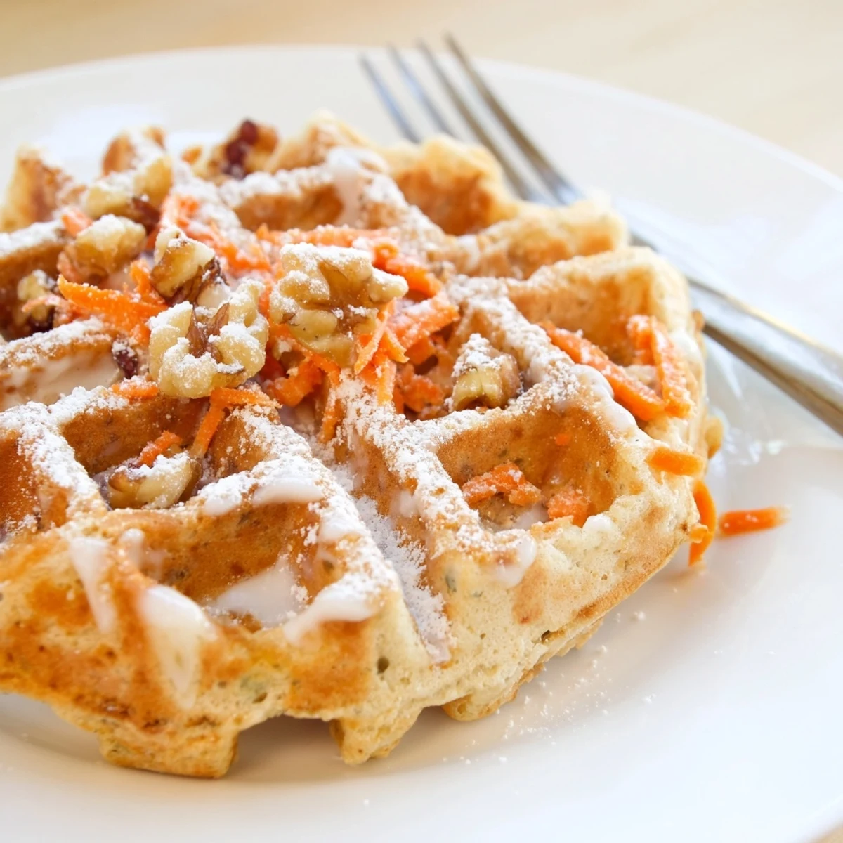 Carrot Cake Waffles steaming on a plate, golden edges and cream cheese glaze