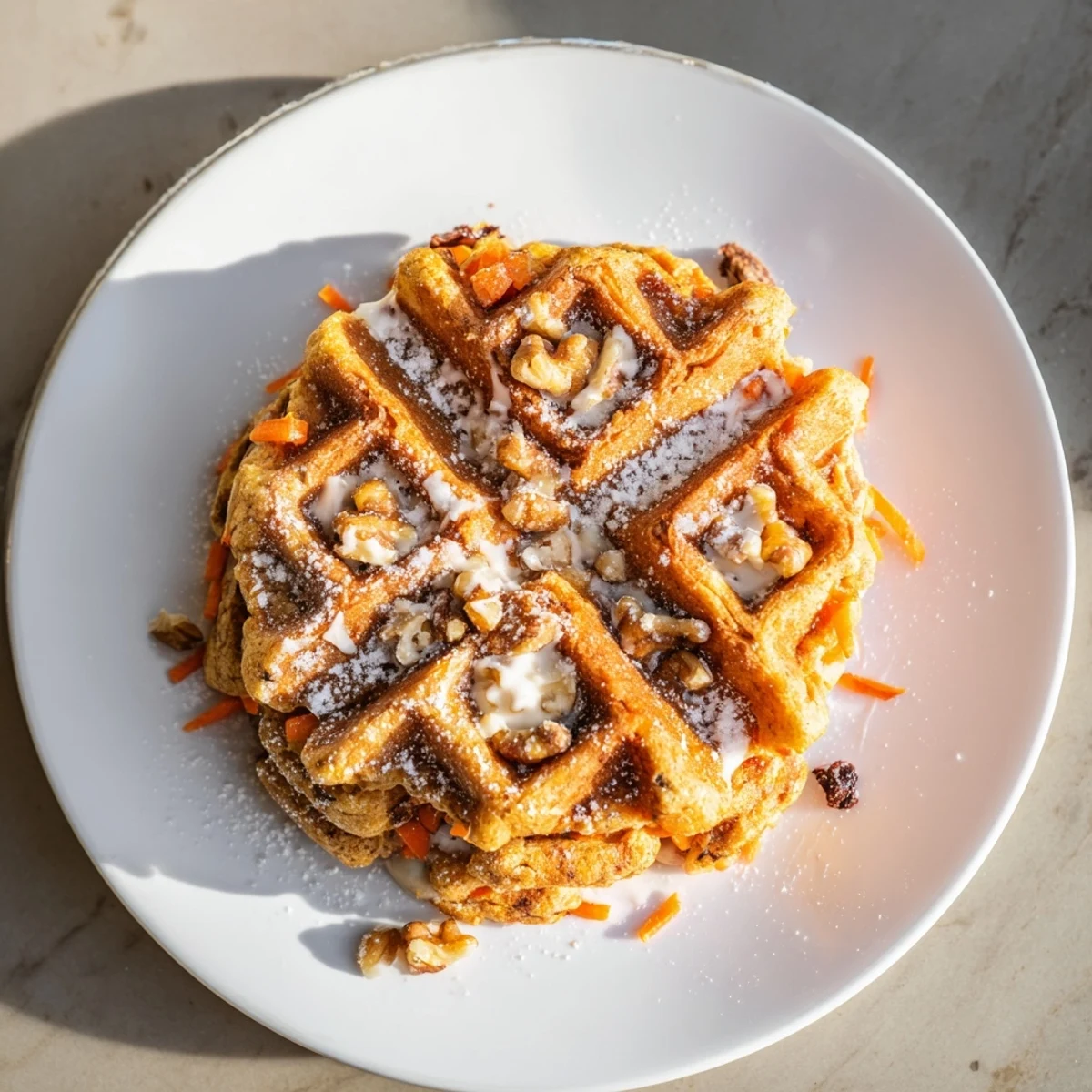 Crisp-edged Carrot Cake Waffles dotted with grated carrots, spices, served brunch-style