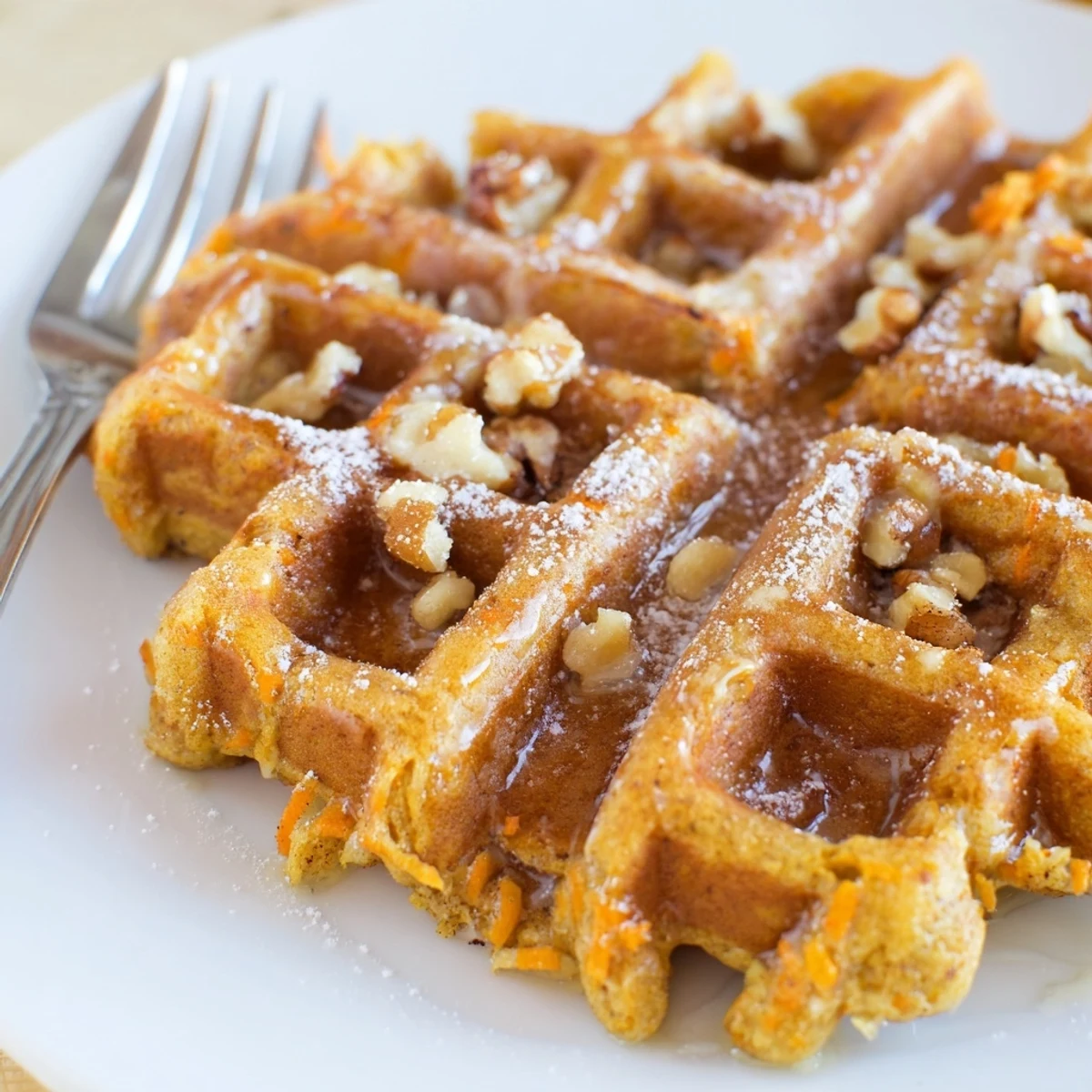 Warm Carrot Cake Waffles topped with maple syrup and chopped pecans