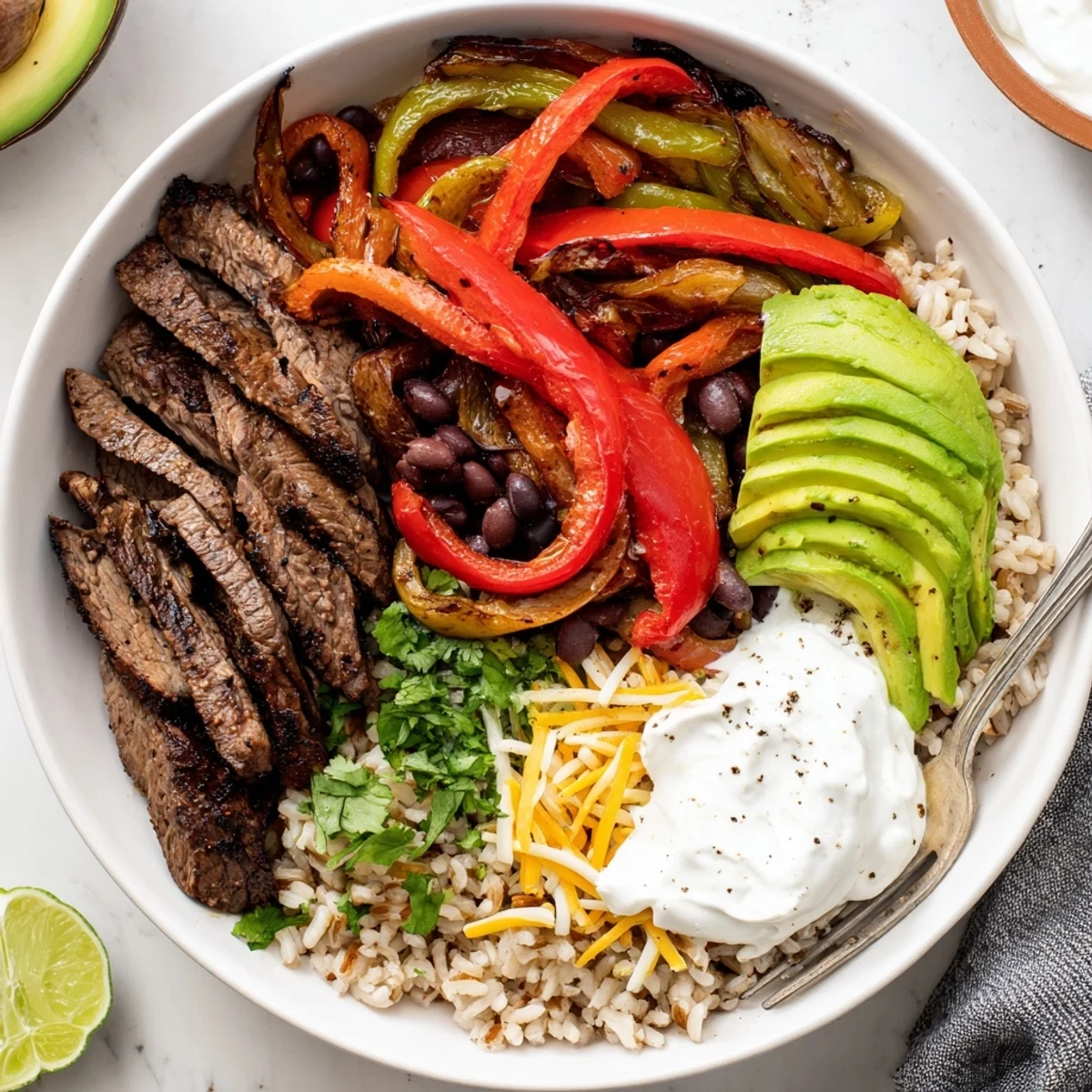 Skillet-seared Steak Fajita Power Bowls crowned with gooey cheese and yogurt
