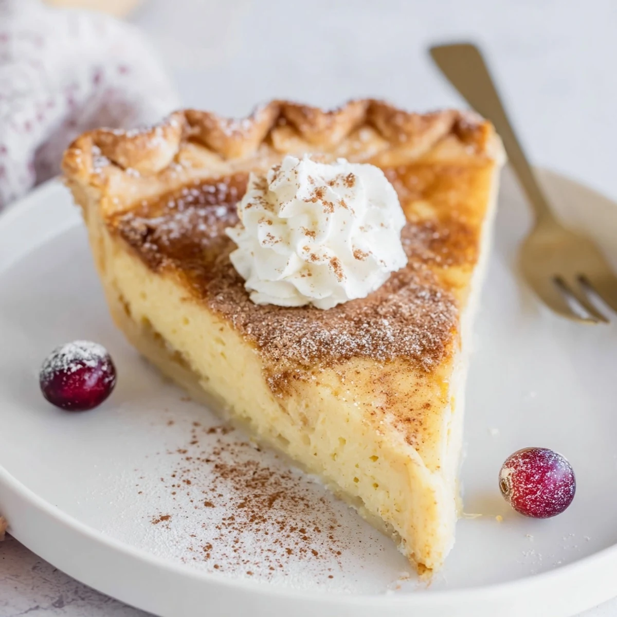 Christmas Eve Custard Pie With Cinnamon Vanilla, silky filling dusted with powdered sugar