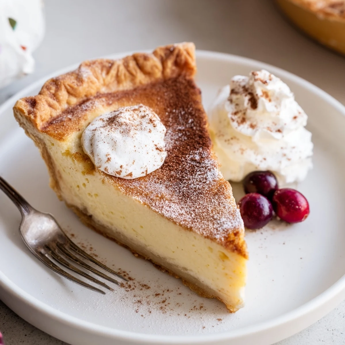 Freshly baked Christmas Eve Custard Pie With Cinnamon Vanilla resting on wire rack