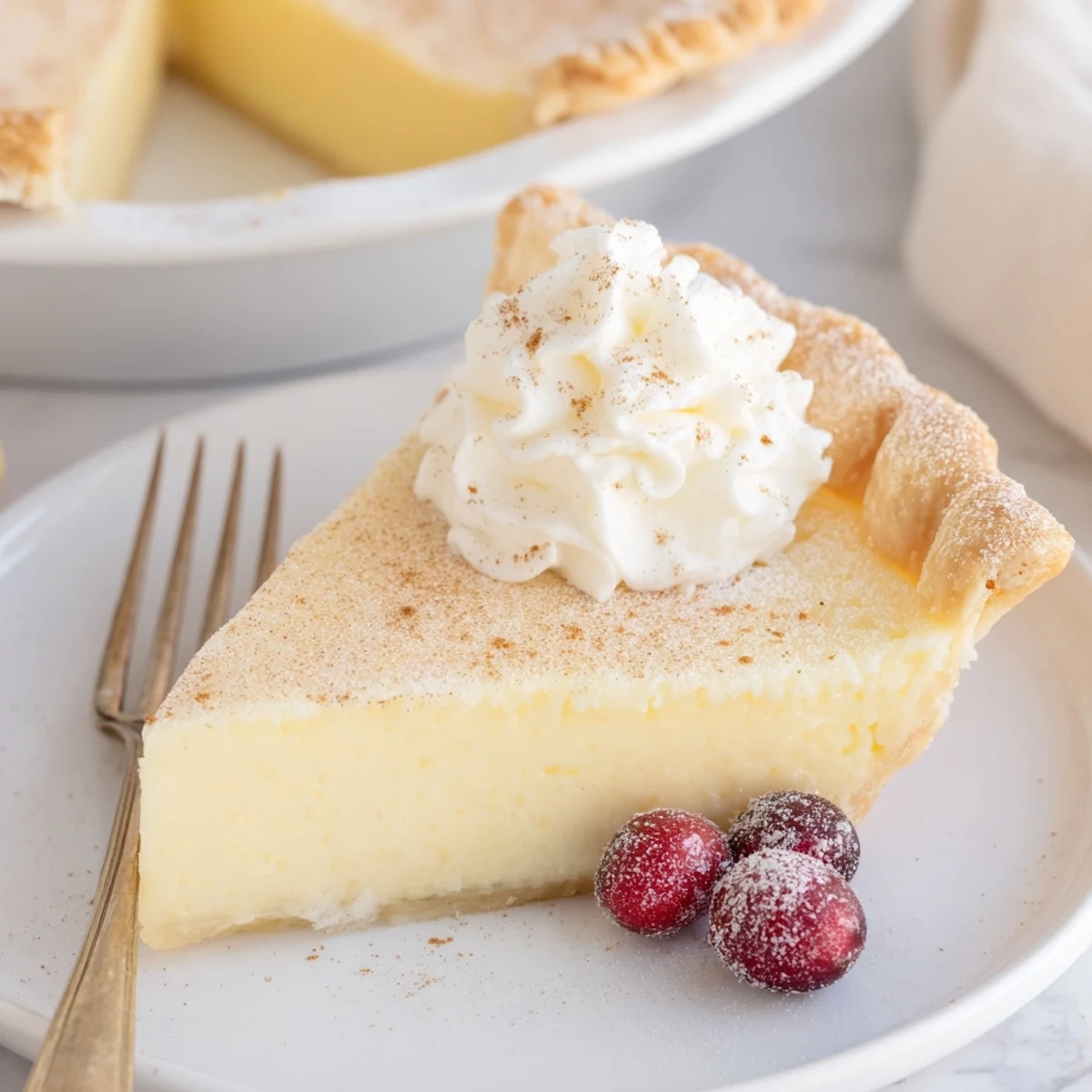 Slice of Christmas Eve Custard Pie With Cinnamon Vanilla topped with whipped cream