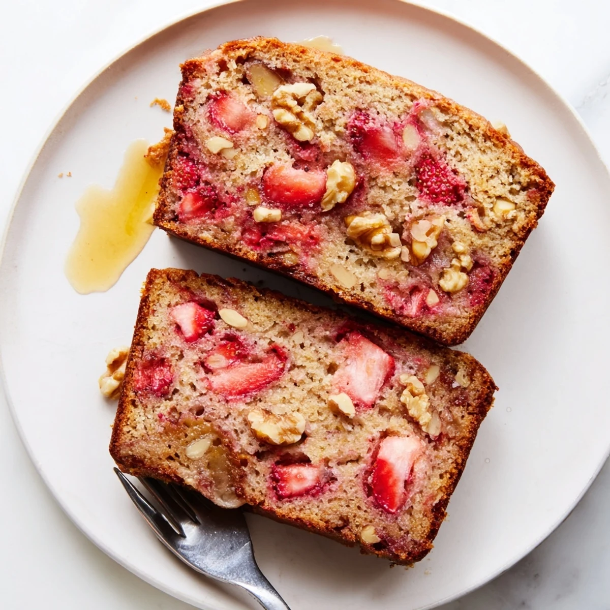 Strawberry Banana Bread Recipe showing golden loaf with juicy strawberry flecks, steaming