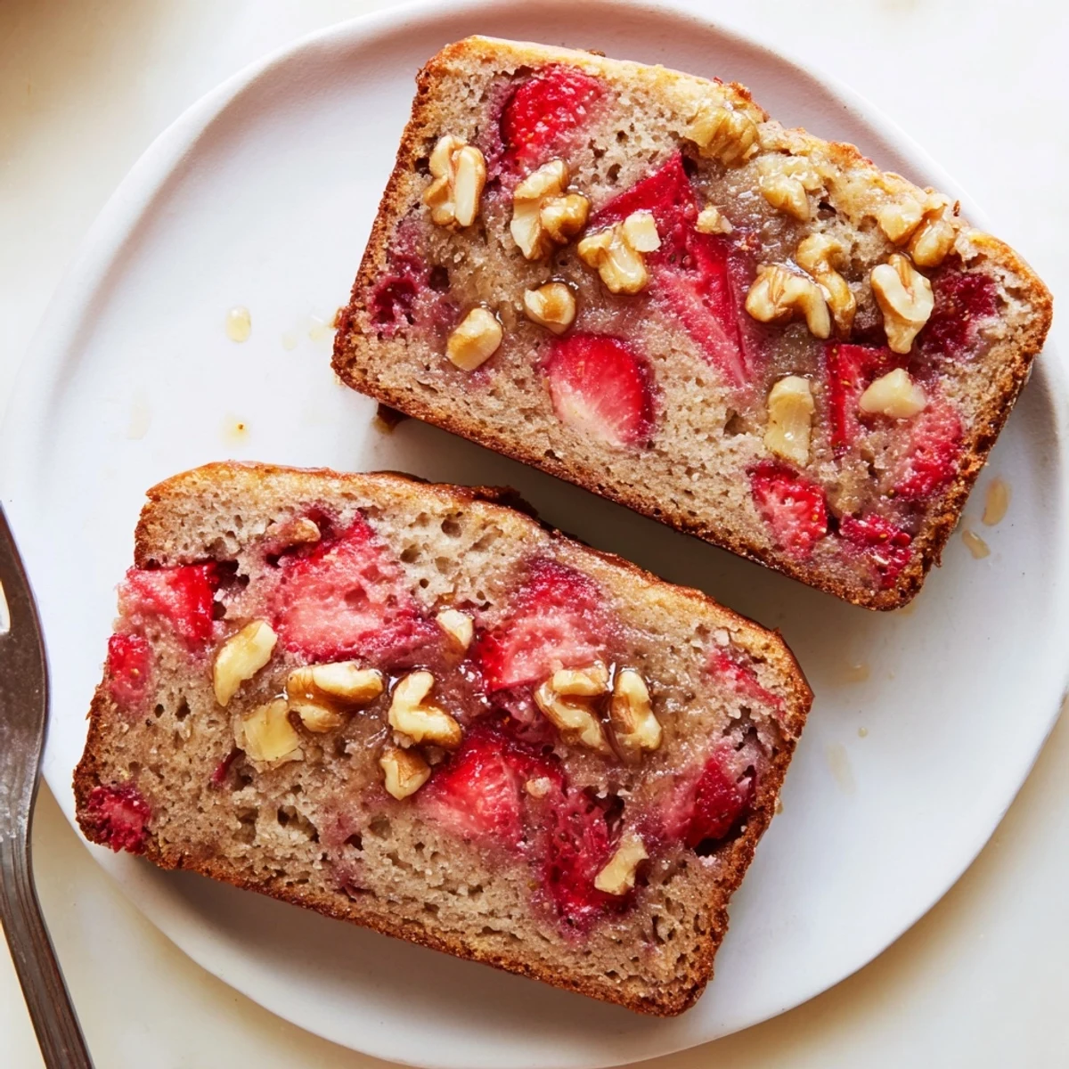 Freshly sliced Strawberry Banana Bread Recipe served warm with melting butter