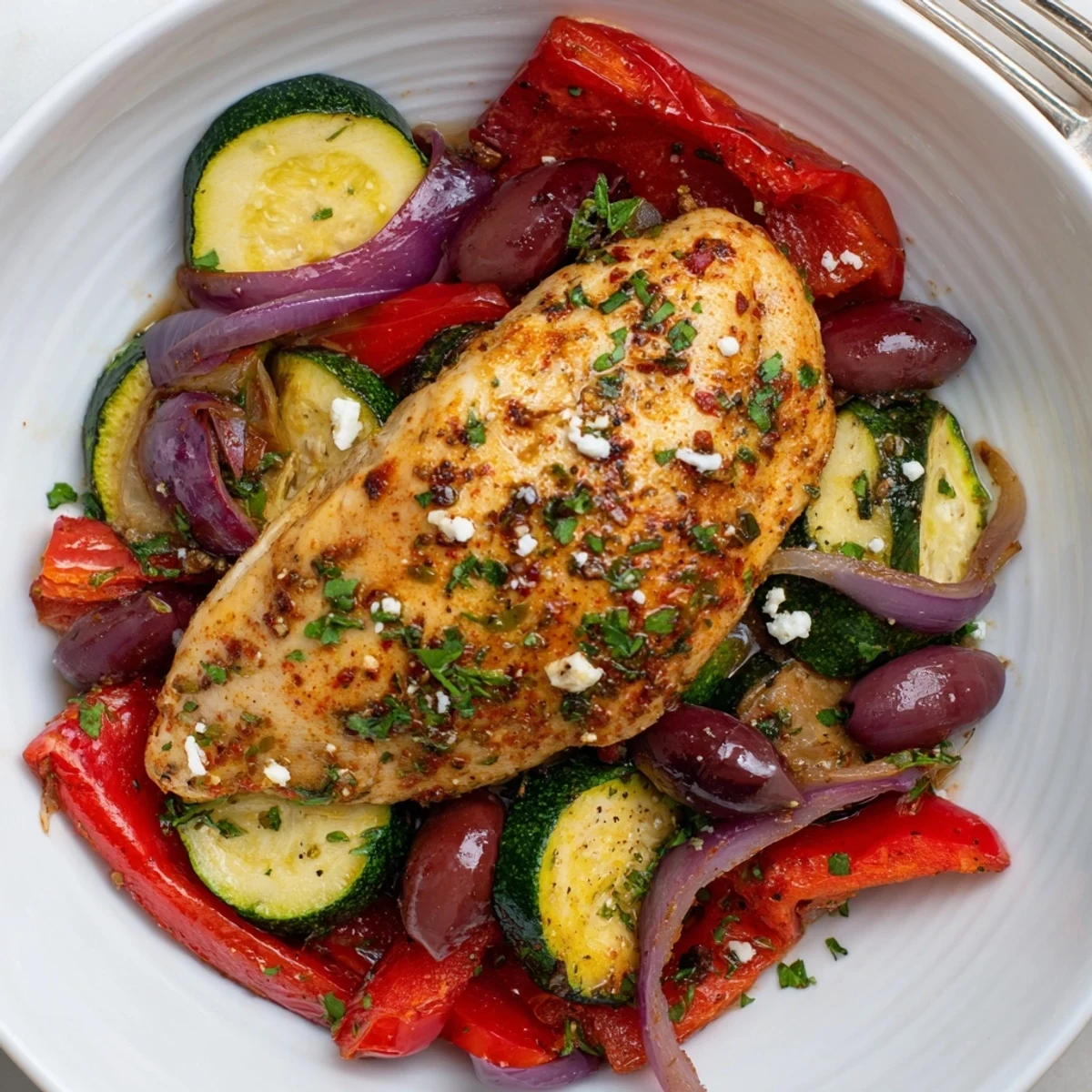 Sheet Pan Mediterranean Chicken Zucchini with golden roasted vegetables, olives, and feta