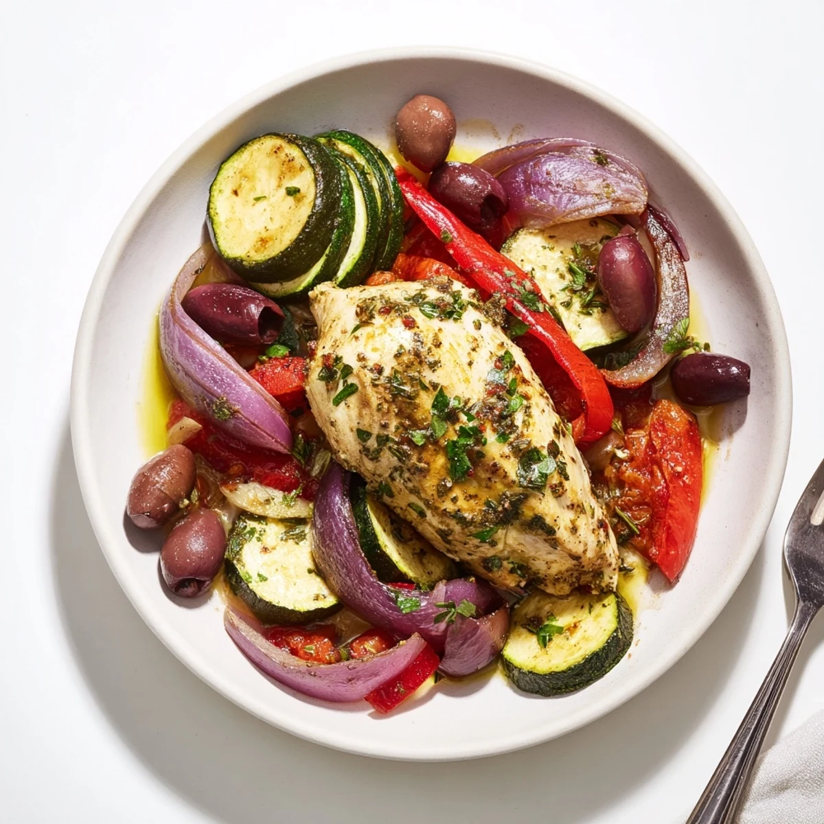 Roasted Sheet Pan Mediterranean Chicken Zucchini steamy, lemony juices spooned over