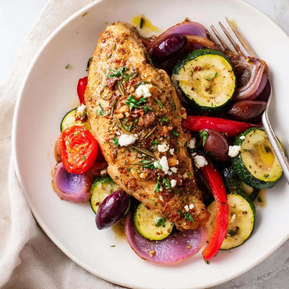 Family style Sheet Pan Mediterranean Chicken Zucchini tender chicken, zucchini slices, parsley garnish