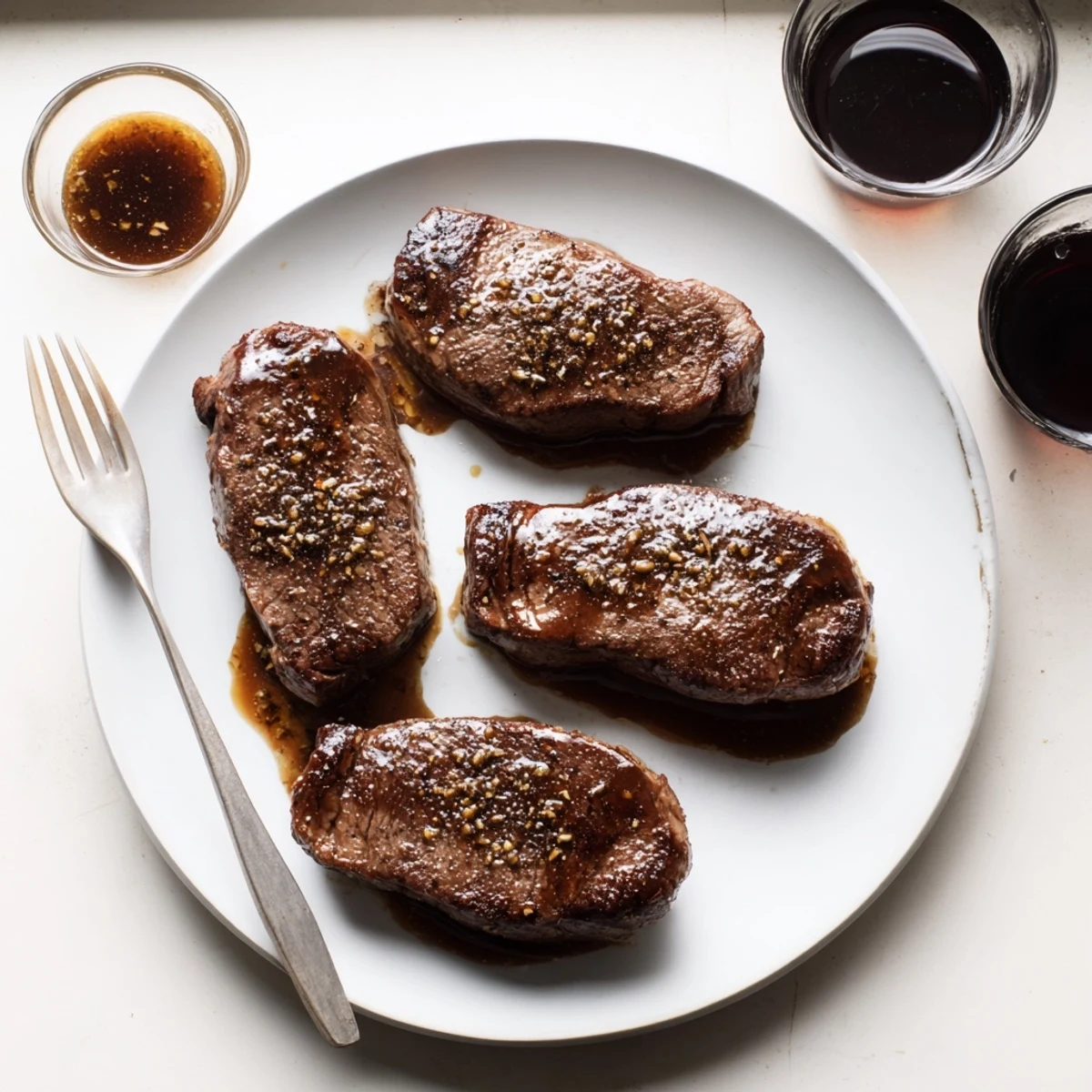 Steak Marinade glistening over raw ribeye, garlicky, tangy, ready for grilling