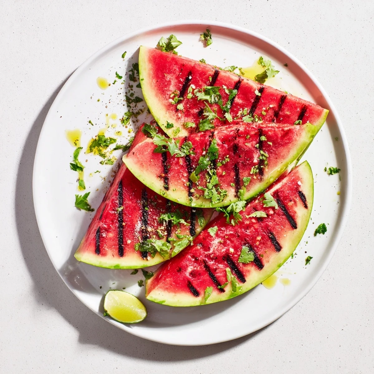 Grilled watermelon wedges topped with fresh cilantro and zesty lime on a white serving platter